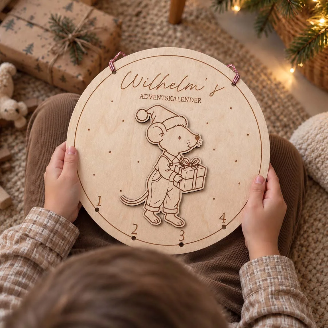 Adventskalender i birkefiner med navn og huller til fire adventsgaver, til dreng – billede 2